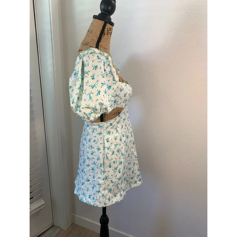 (E-131)ZARA Womens Floral Mini Dress Size M Blue White Puff Sleeve Cut Out Summe